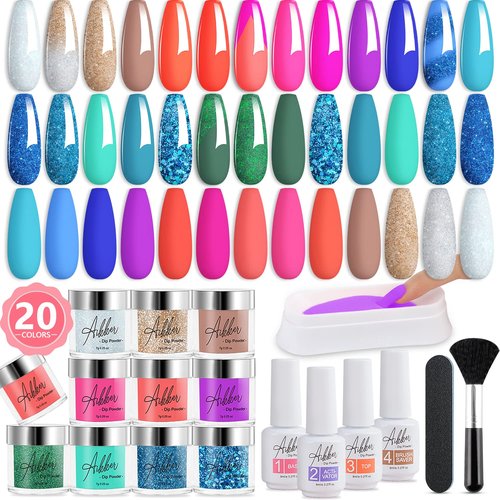 Aikker 27 Pcs Nail Dip Powder Kit 20 Bright Colors Glitter Blue Green All-in-one Quick Dry Dipping Powder System with Everything Essential Liquid Set & Nail Tools Gift Set AK39