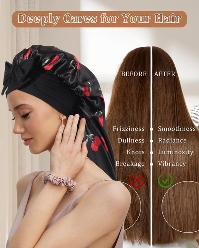 AWAYTR Long Hair Bonnet for Women - Reversible Double Layer Satin Silk Bonnet for Sleeping with Tie Band (Black Cherry+Black)