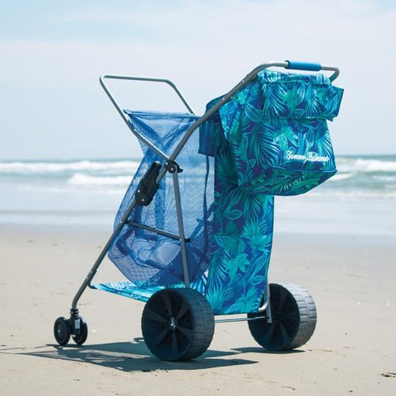 Tommy Bahama Beach Cart - Deluxe Folding Caddy for Towels & Accessories | Holds 48-Quart Cooler & 4 Chairs - Blue
