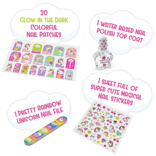 Hot Focus Unicorn Nail Kit – Kids Nail Polish Set for Girls Ages 5 6 7-12 with 77+ Pieces, Spa Kit, Nail Art Decoration Set, Glow-in-the-dark, Stickers, and Water-Based Polish - Girls' Nail Kit.