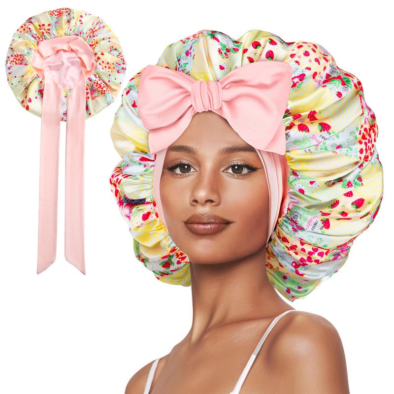 Vettres Hair Bonnet for Sleeping Satin Lined Sleep Cap Double Layer Silk Head Wrap for Curly Natural Hair Strawberry Patchwork