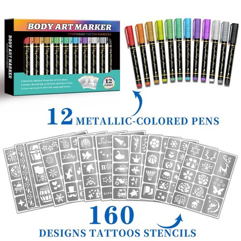 Temporary Tattoo Markers for Skin, 12 Metallic Markers + 160 Tattoo Stencils, Tattoo Markers for Kids Adults Women Teens Body Markers, Cosmetic Tattoo Pens for Skin DIY Body Art Face Painting