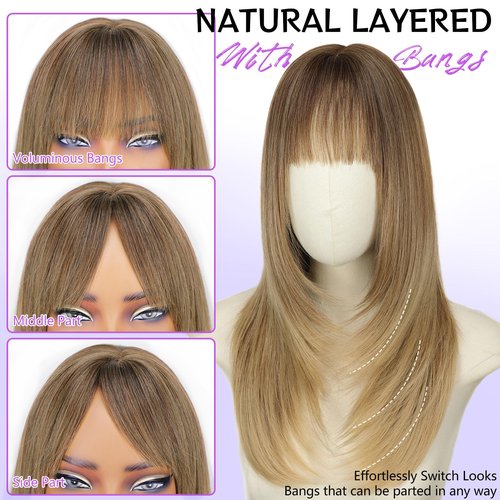 AISI HAIR 【Beginner Friendly Wigs】 Ombre Blonde Wig with Bangs for Women, Middle Length NaturalLayered Straight Wig for Daily Party