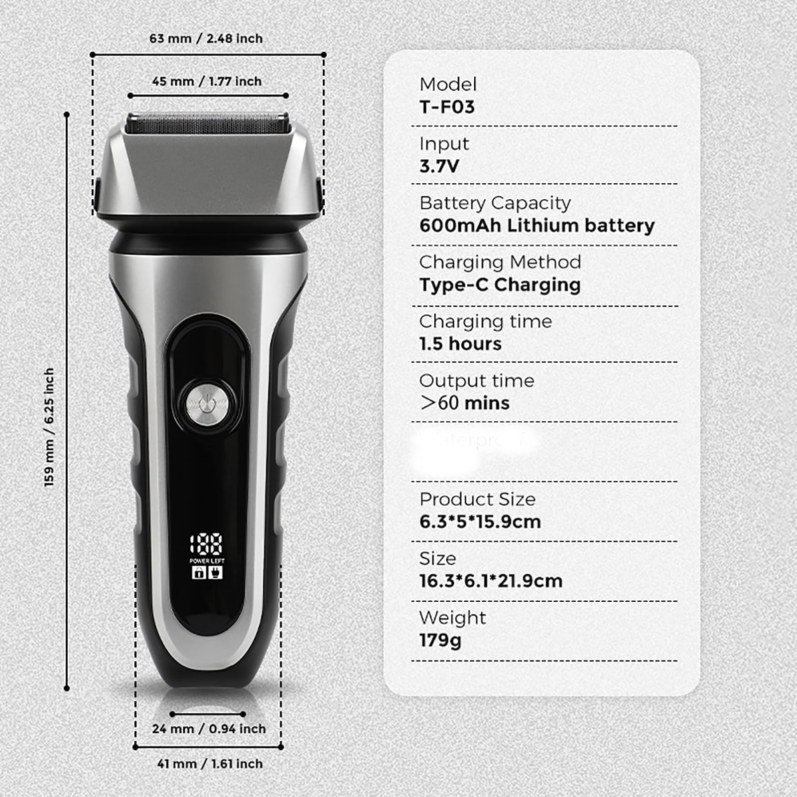 Electric Razor for Men, 2 Floating Blade LED Display Foil Face Shaver, Waterproof Wet & Dry Electric Razor for Smooth Skin with 60min Battery Runtime, USB-C Fast Rechargeable