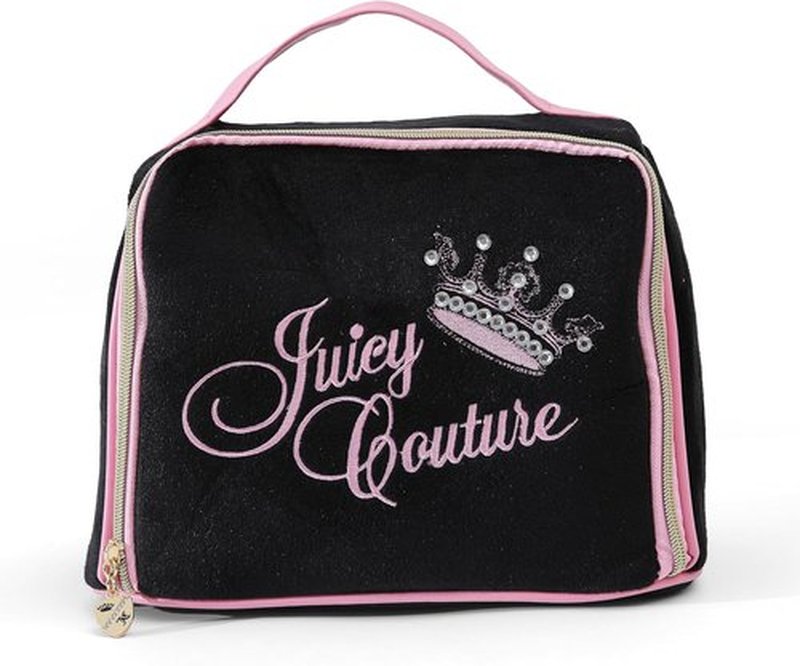 Juicy Couture Black Makeup Bag - Vintage Velour Cosmetics Organizer with Rhinestone Crown