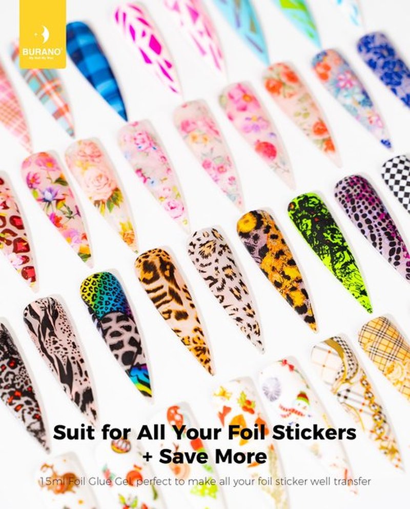 BURANO Nail Art Nail Foil Glue Gel, o.5 oz with 10PCS Foil Stickers Set Nail Foil Glue for Nails Foil Transfer Gel, Nail Design DIY UV LED Lamp Required (Design Foil 17)