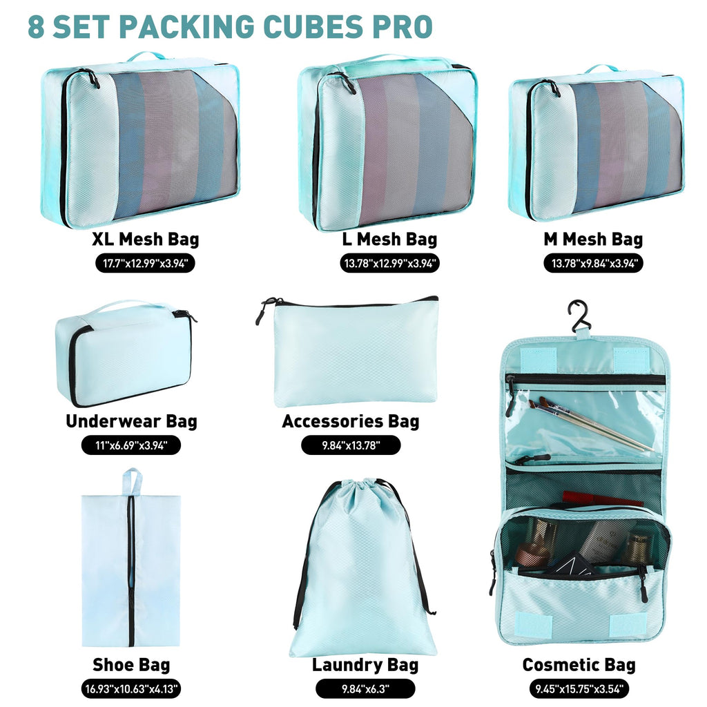 Toncoke 8-Piece Packing Cubes for Travel, 2026 Upgraded Durable Zippers & Reinforced Mesh, Complete Luggage Organizer Set with Shoe/Toiletry/Laundry Bags, 4 Sizes for Suitcase, Men Women, Lake Blue