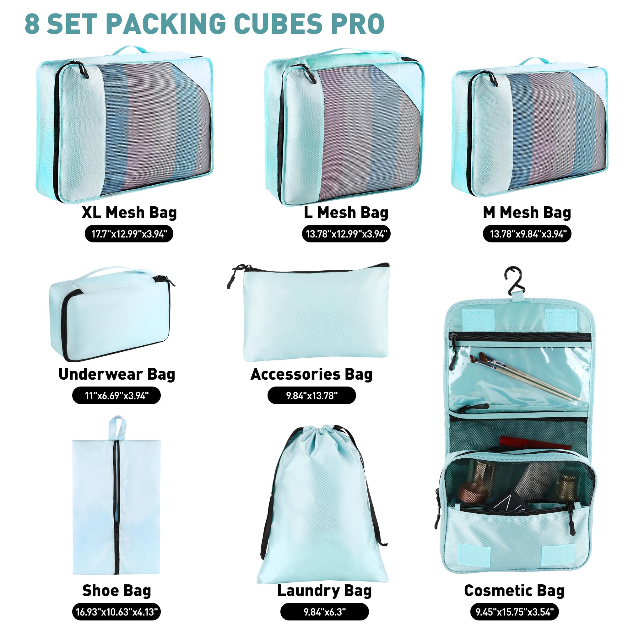 Toncoke 8-Piece Packing Cubes for Travel, 2026 Upgraded Durable Zippers & Reinforced Mesh, Complete Luggage Organizer Set with Shoe/Toiletry/Laundry Bags, 4 Sizes for Suitcase, Men Women, Lake Blue