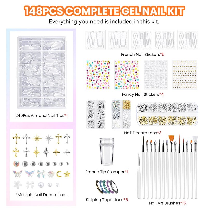 VANREESA 148Pcs Gel Nail Polish Kit with U V Light Almond Nail Tips Nail Drill -60 All Seasons Colors Gel Polish Set with 6Pcs Base Top Coat Gel Nail Kit for Beginners with Everything Gifts for Women