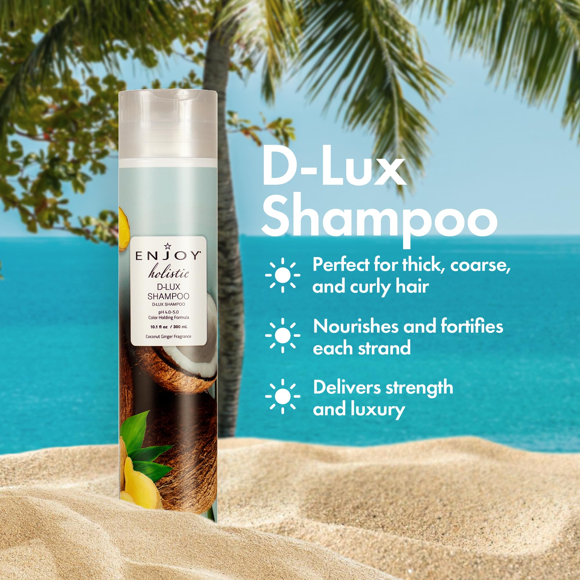 Enjoy Holistic D-Lux Shampoo - Deep Nourishing Treatment for Thick, Coarse & Curly Hair - Ultimate Softness, Shine & Detangling - Sulfate & Paraben Free - Tropical Coconut & Ginger Scent - 10.1 Fl Oz