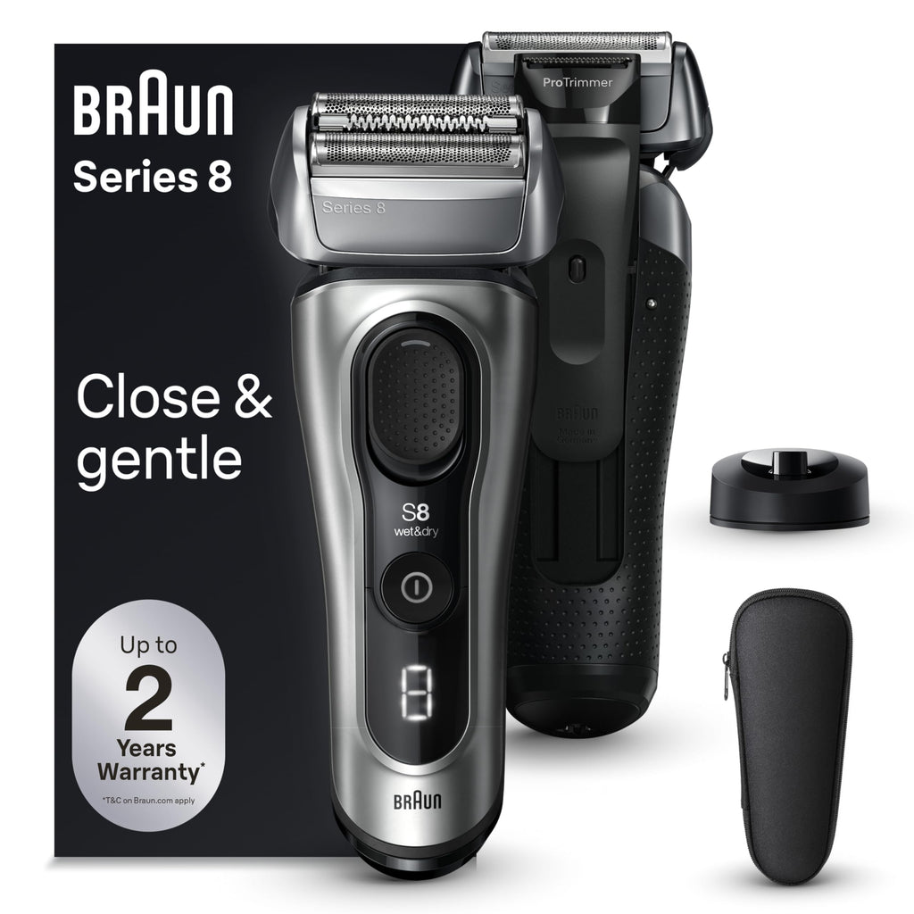 Braun Series 8 Electric Razor for Men, with 4+1 Shaving Elements & Precision Long Hair Trimmer, Close & Gentle Even on Dense Beards, Wet & Dry Electric Razor with 60min Runtime, 8517s Galvano Silver