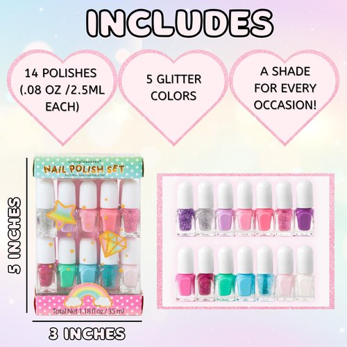 SIMPLE PLEASURES Unicorn Glitter Kids Nail Polish Set for Girls – 14 Water-Based Non -Toxic Nail Art Kit - Gift Set for Girls Ages 7-12