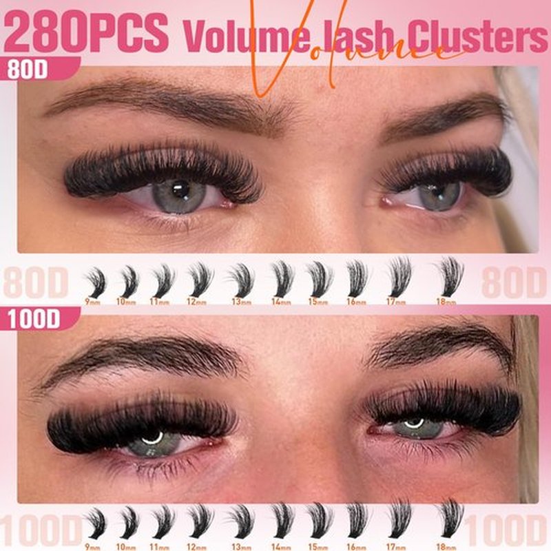 EYDEVRO Fluffy Lash Clusters Kit 80D100D Volume Lash Extension Kit 280 Pcs Left/Right Cluster Eyelash Extension Kit D Curl Thick Mega Lash Clusters with Waterproof Lash Bond and Seal and Lash Tweezers