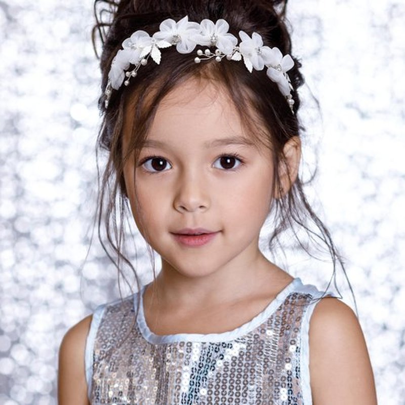 Oriamour Tulle Flower Headband, Flower Girl Headpiece, Pearl Silver, Wedding Hair Accessories, Tiara for Birthday, Party, First Communion