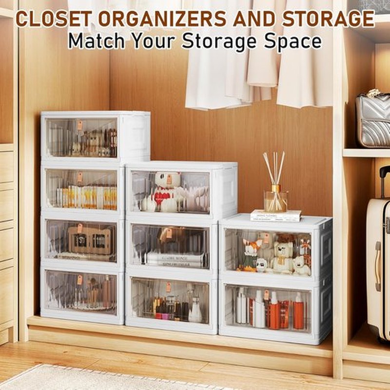 Skiennix 4-Tier Storage Bins - Stackable Closet Organizers with Lids & Wheels | 23QT, White