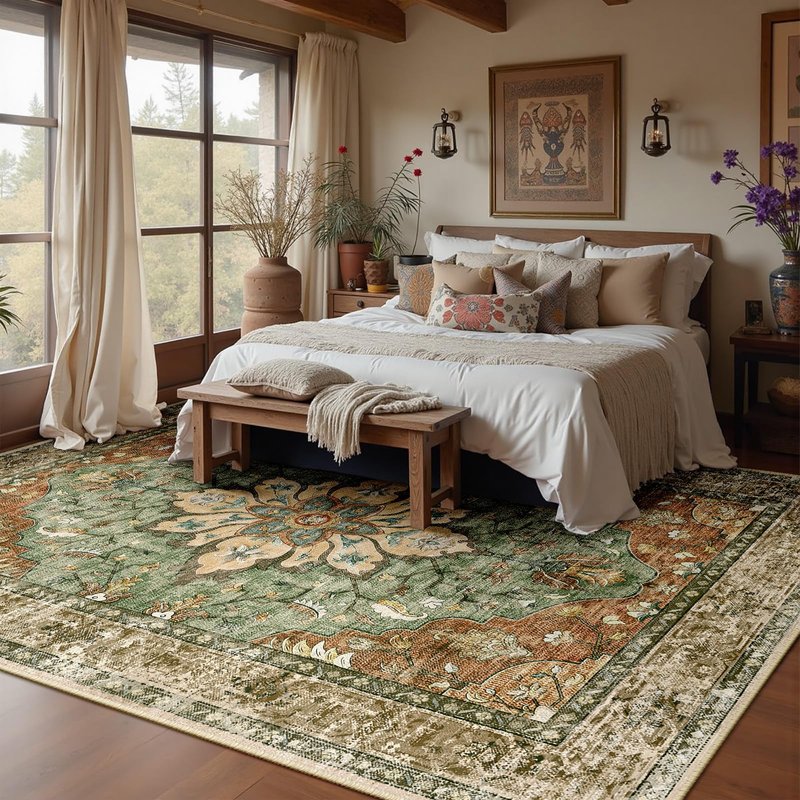 RELEANY Area Rugs 8'x10' Washable Non-Slip, Floral Vintage Distress Medallion Carpet for Living Room Bedroom Dining Room, Terracotta Burnt Orange Green