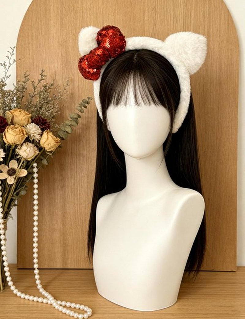 Kobataro Kitty Ears Headband Bow White Cat Ear Hair Accessories Kitten Costume Birthday Party Christmas Gifts for Women