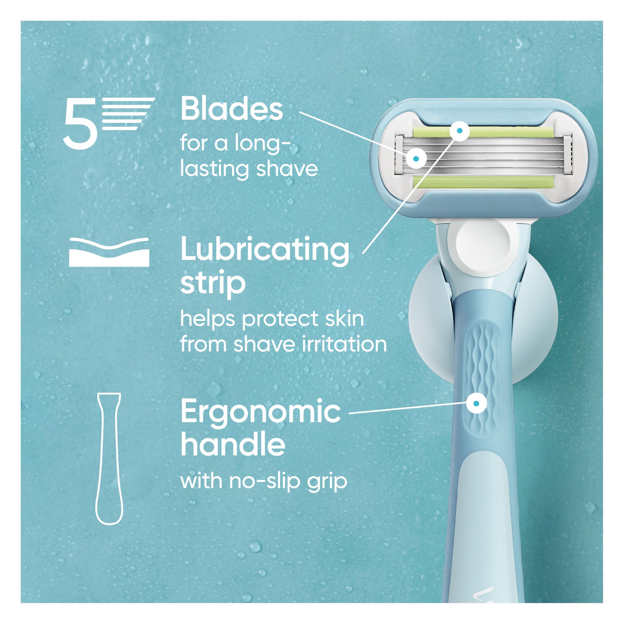 Gillette Venus Extra Smooth Women's Razor with Reusable Handle, 5 Blade Refills and Shower Holder