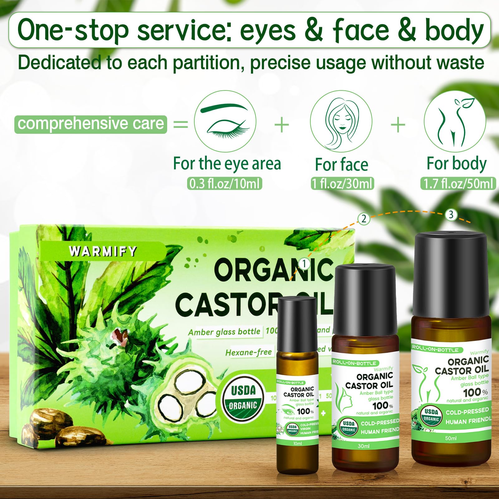 Warmify 3-in-1 Castor Oil Roll on for Eye,Face,Body Skin,Certified Organic Cold Pressed Castor Oil Roller ball unrefined Glass Bottle,Precise & Mess-Free Application & Travel Friendly