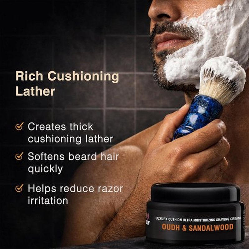Pink Woolf Premium Shaving Cream for Men - Oudh & Sandalwood Scent - Rich Lather for Smooth Shave - 3.5 oz