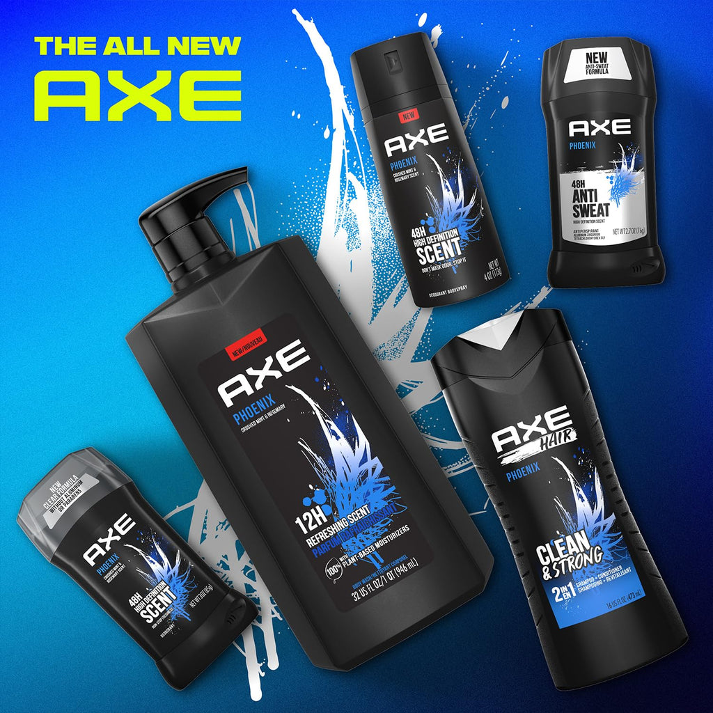 AXE Men's Body Wash & Shower Gel, Phoenix, 3-Pack, 12H Invigorating Crushed Mint & Rosemary Scent, 32 Fl Oz Each