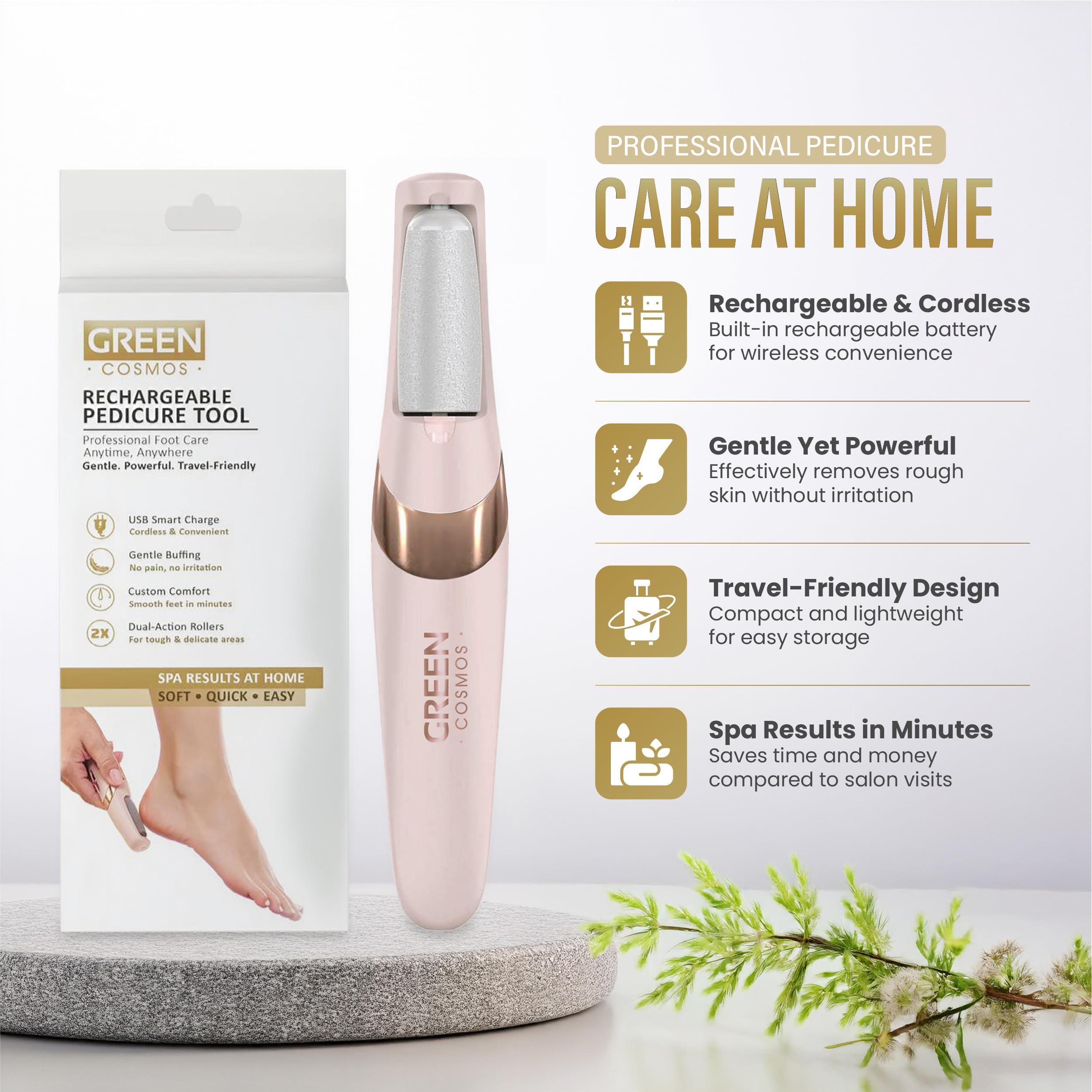 Green Cosmos Electric Callus Remover for Feet, Rechargeable Pedicure Tool with Dual Rollers, Cordless Foot Grinder for Dry Cracked Heels, Portable Foot Care Device