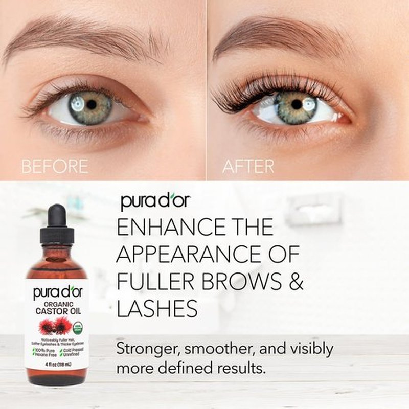 PURA D'OR 4 Oz Organic Castor Oil – Pure Cold-Pressed, Hexane-Free, USDA Certified – Lashes, Brows, Hair, Scalp, Skin – Botanical Moisturizer Supporting Softness, Strength, Hydration, Shine & Radiance