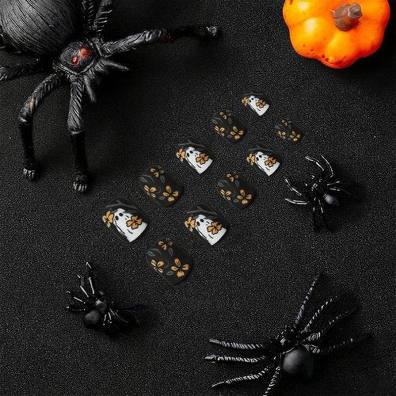 Press on Nails - Short Square Fake Nails with Yellow Flowers Cute Little Ghost Designs Black Matte Artificial Nails Full Cover Stick on Nails for Women Girls Party 12 Sizes - 24 Pcs