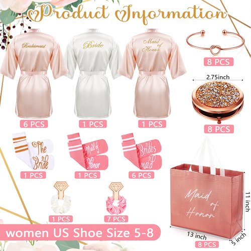 Toulite 48 Pcs Bridesmaid Robe Sets Silk Satin Bride Party Robes with Bachelorette Gift Handbags Knot Bracelets Hair Ties Rhinestone Mirrors and Socks for Bridesmaid Wedding Bachelorette Party