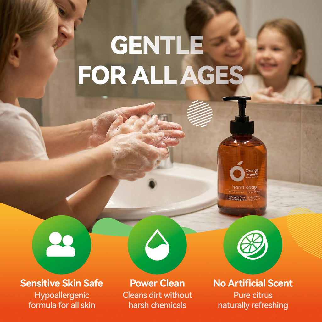 ORANGE HOUSE Natural Liquid Hand Soap, Food-Grade Orange Oil Moisturizing Hand Wash, Plant-Based & Hypoallergenic, Gentle on Skin, Non-Toxic Citrus Scented Soap, 12 Fl Oz (6 Pack)