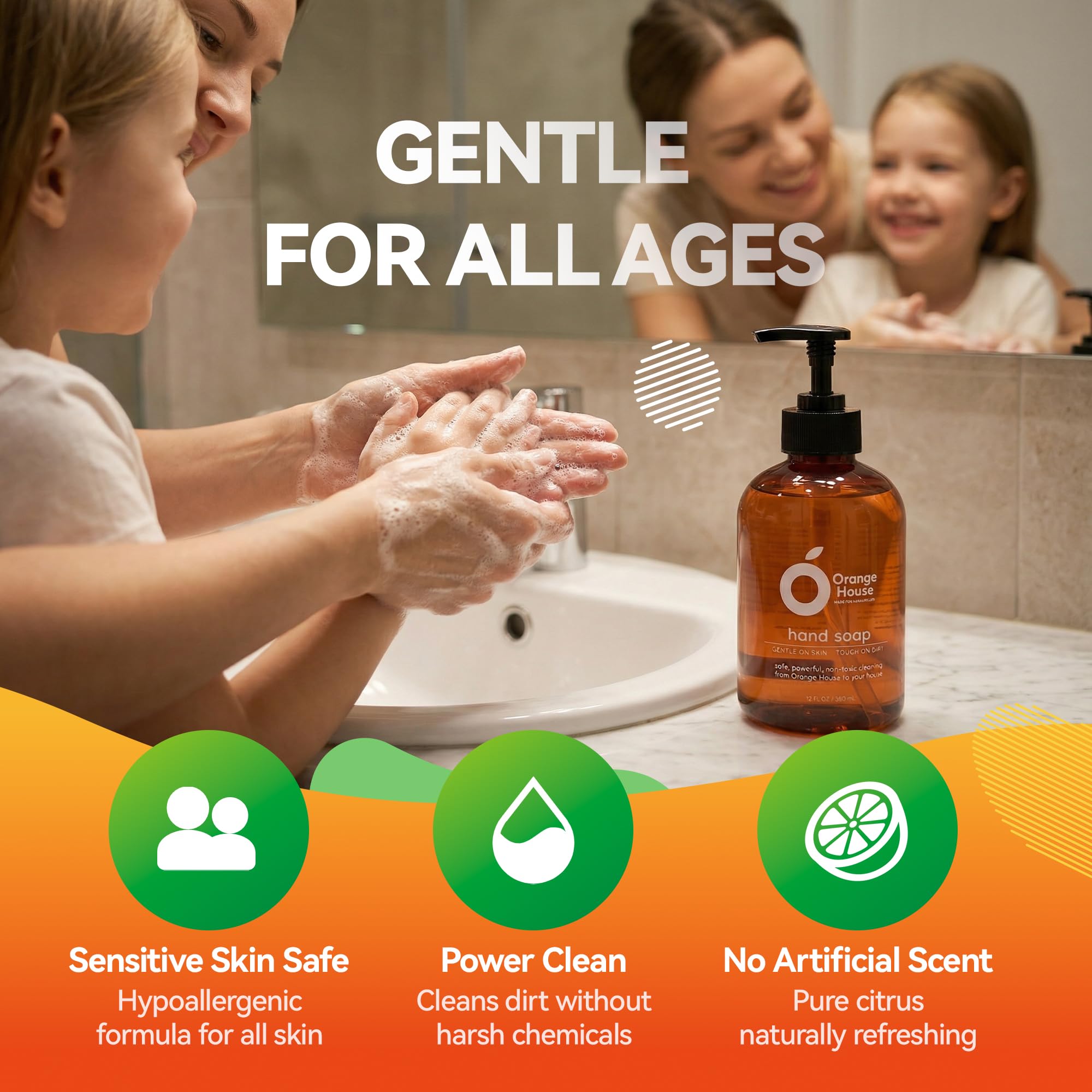 ORANGE HOUSE Natural Liquid Hand Soap, Food-Grade Orange Oil Moisturizing Hand Wash, Plant-Based & Hypoallergenic, Gentle on Skin, Non-Toxic Citrus Scented Soap, 12 Fl Oz (6 Pack)