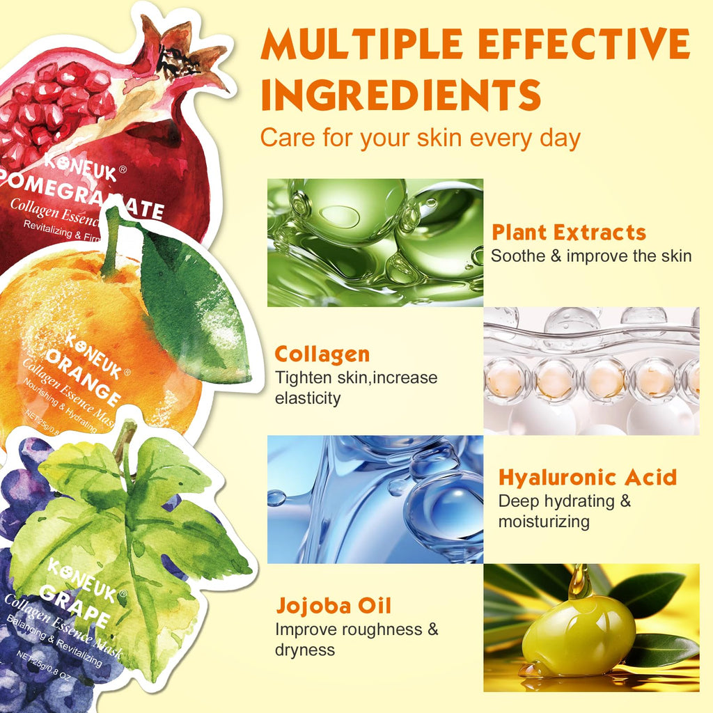KONEUK 36 Pack Fruit Shaped Sheet Face Mask for Women, Collagen Hydrating and Moisturizing Face Masks Skincare for Dry Skin, Bulk Mothers Day Gifts, Spa Party Gifts, Nurse Gifts(9 Types x 4 Pcs)