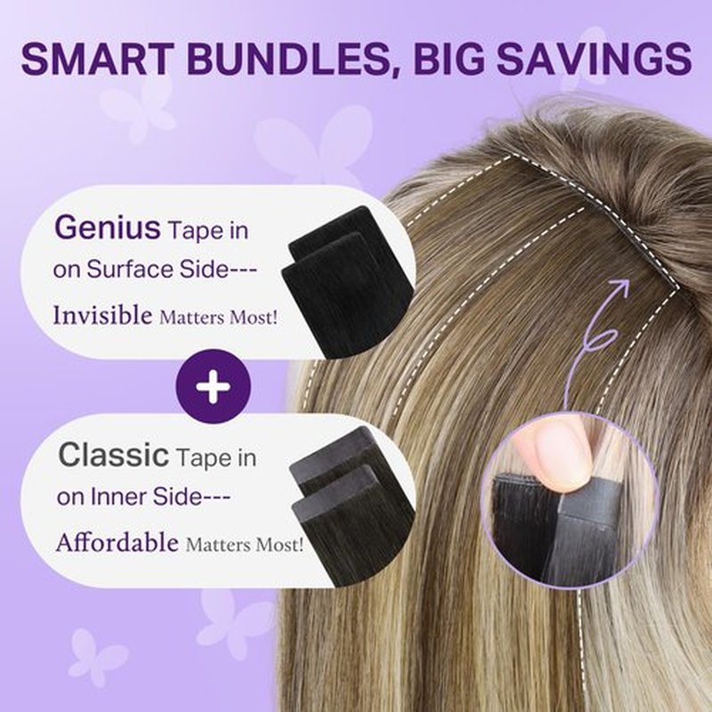 DOORES Genius Tape in Hair Extensions Real Human Hair, Balayage Natural Black to Light Blonde 18 Inch 50g 20pcs, Seamless Invisible Edge Hand Tied Tape in Extensions Long Straight