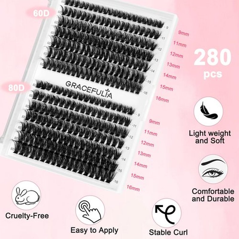 GRACEFULIA Fluffy Lash Clusters Kit 60D+80D, DIY Lash Extension Kit with 280PCS 10-18mm Thick Individual Lashes, Bond & Seal, Tweezers for Eyelash Extensions at Home