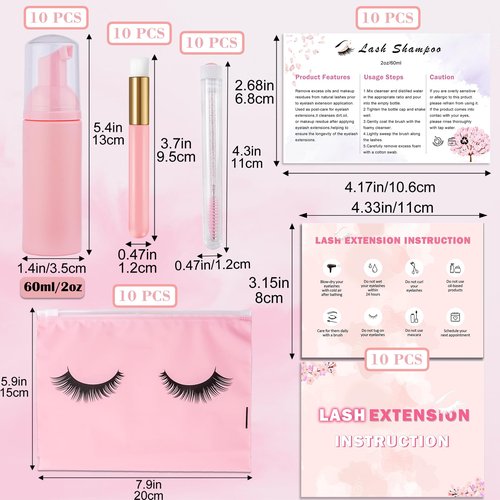 60pcs Lash Extension Cleaning Kit for Clients,10pcs Lash Brushes,10pcs Eyelash Brush with Tubes,10pcs Lash Bottles,10pcs Eyelash Bags,10pcs Lash Shampoo Stickers,10pcs Instruction Card (Pink 2)