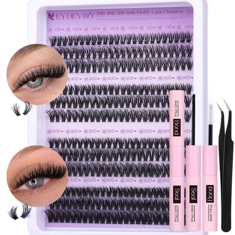 EYDEVRO Lash Clusters Kit 30D40D50D60D Lash Extension Kit Cluster Eyelash Extension Kit 10-14mm Individual Lashes Kit Cluster Lashes with Sweatproof Lash Bond and Seal Lash Tweezers