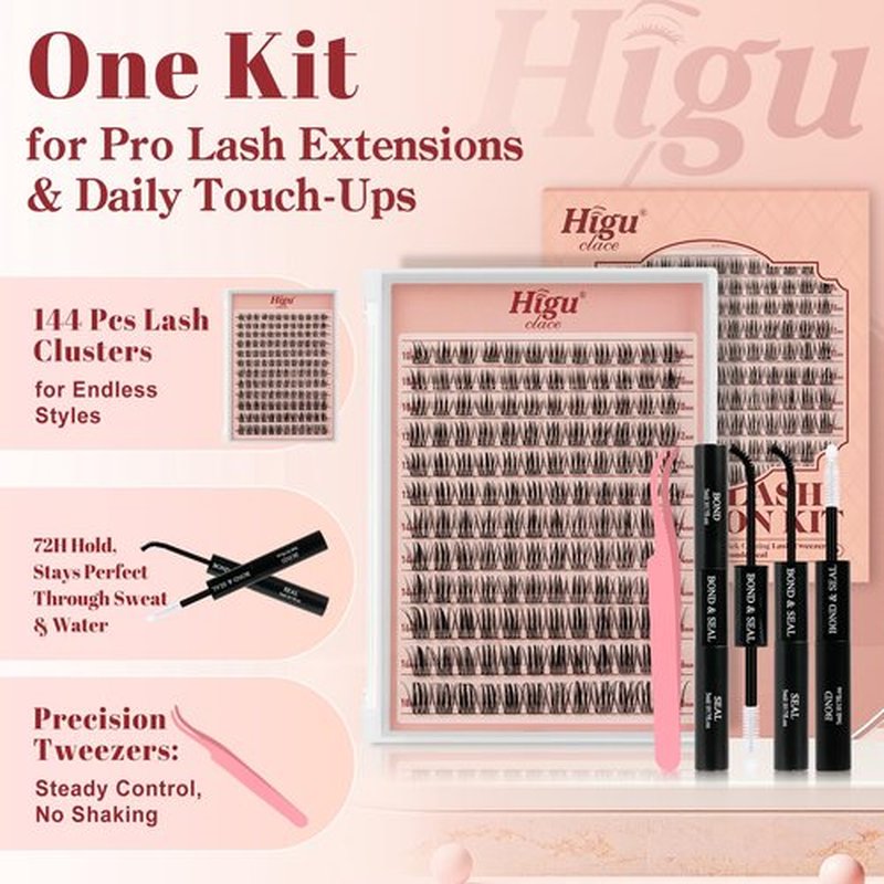 Higu clace Lash Clusters Kit, 144PCS Lashes Clusters Kit with Lash Bond and Seal, C Curl Wispy Cluster Eyelash Extensions Natural Look with Thin Band Easy to use for Beginners (A09）