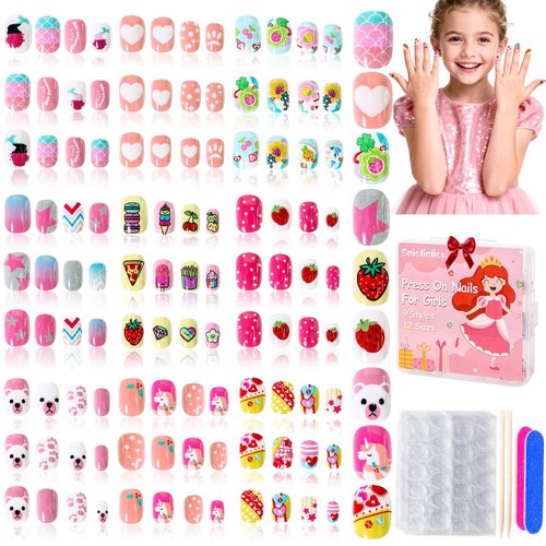 216Pcs Press on Nails for Girls 9 Styles 12 Sizes - Kids Fake Nails Kit for Ages 6-12, Short Acrylic Nails with Adhesive Tabs, Nail File Set for Girls Teens