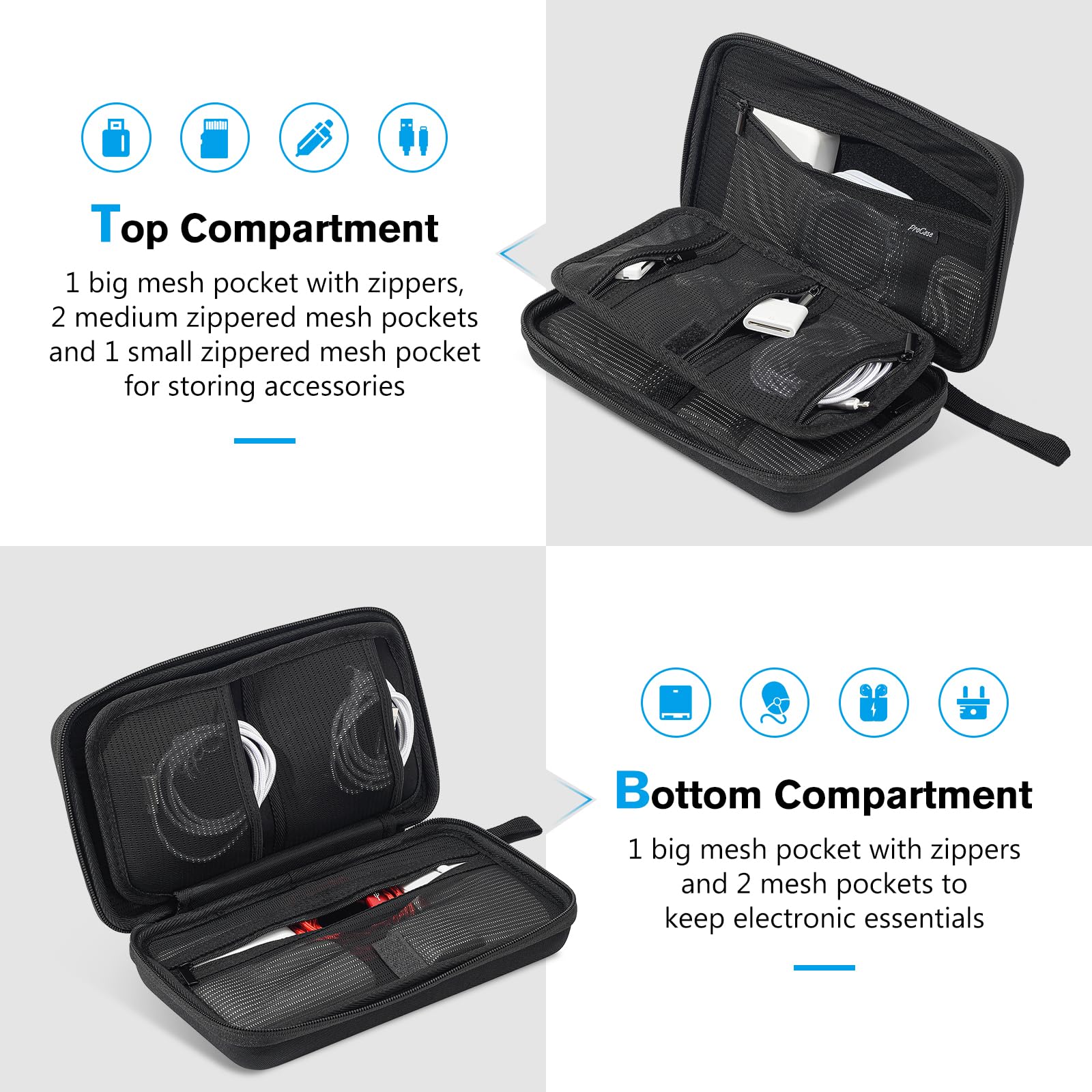 ProCase Large Hard Travel Electronic Organizer Case for MacBook Power Adapter Chargers Cables Tech Organizer Hard Drive USB Flash Disk SD Card Portable Electronics Accessories Bag -Black