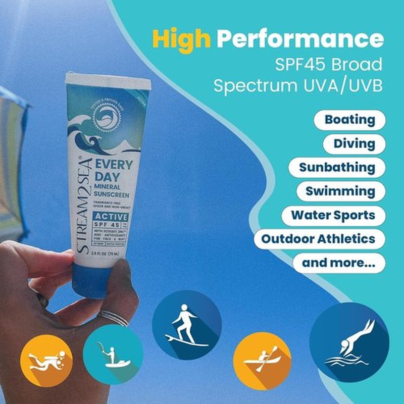 Stream2Sea SPF 45 Active Mineral Sunscreen - Biodegradable & Reef Safe | 2.5 Fl Oz Non-Greasy Protection for Face & Body