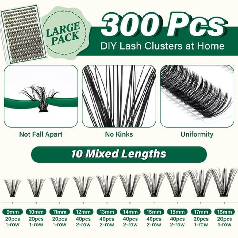 KEYYOU Lash Extension Kit DIY 300Pcs Lash Clusters Kit 40D 0.07 D Curl 9-18MIX Eyelash Extension Kit Individual Lashes Kit with Lash Bond and Seal, Lash Tweezers and Remover for Self Use