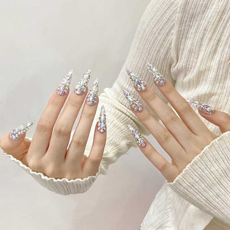 JIEADJIE Press On Nails (100% Handmade),Length Version,Handmade Painted Nail Art by Nail Technician,Luxury Party and Holiday Styles (Laser Illusion, Medium)
