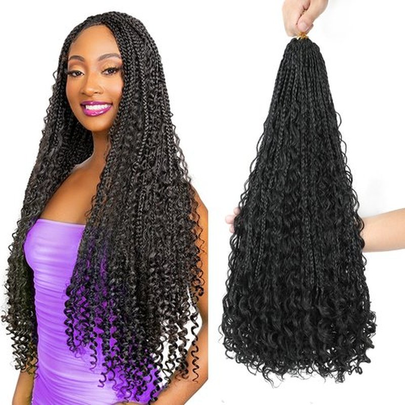 QQPIKHU 10 Packs Boho Crochet Braids Mix Protein Fiber 24 Inch Goddess Box Braids Crochet Hair Pre Looped Bohemian Box Braid with Curly Ends for Women Hair Extensions 1B
