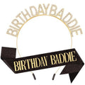 Canitor Birthday Baddie Sash Crown Set Birthday Gifts Party Favors Supplies Decorations & Accessories for Women Girl Adult Dress Outfits Rhinestone Tiara Headband Soft Satin Sash