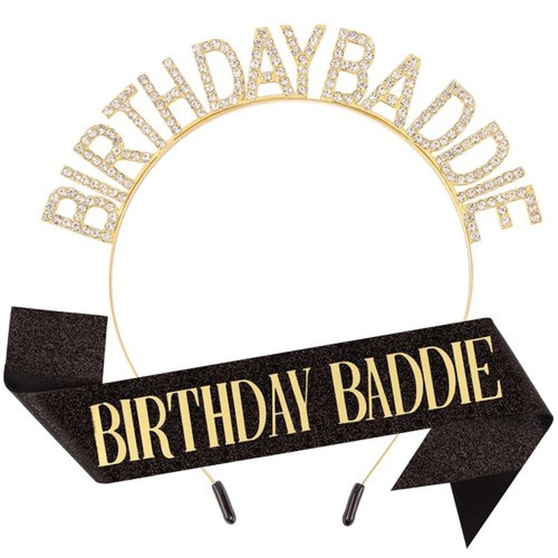 Canitor Birthday Baddie Sash Crown Set Birthday Gifts Party Favors Supplies Decorations & Accessories for Women Girl Adult Dress Outfits Rhinestone Tiara Headband Soft Satin Sash