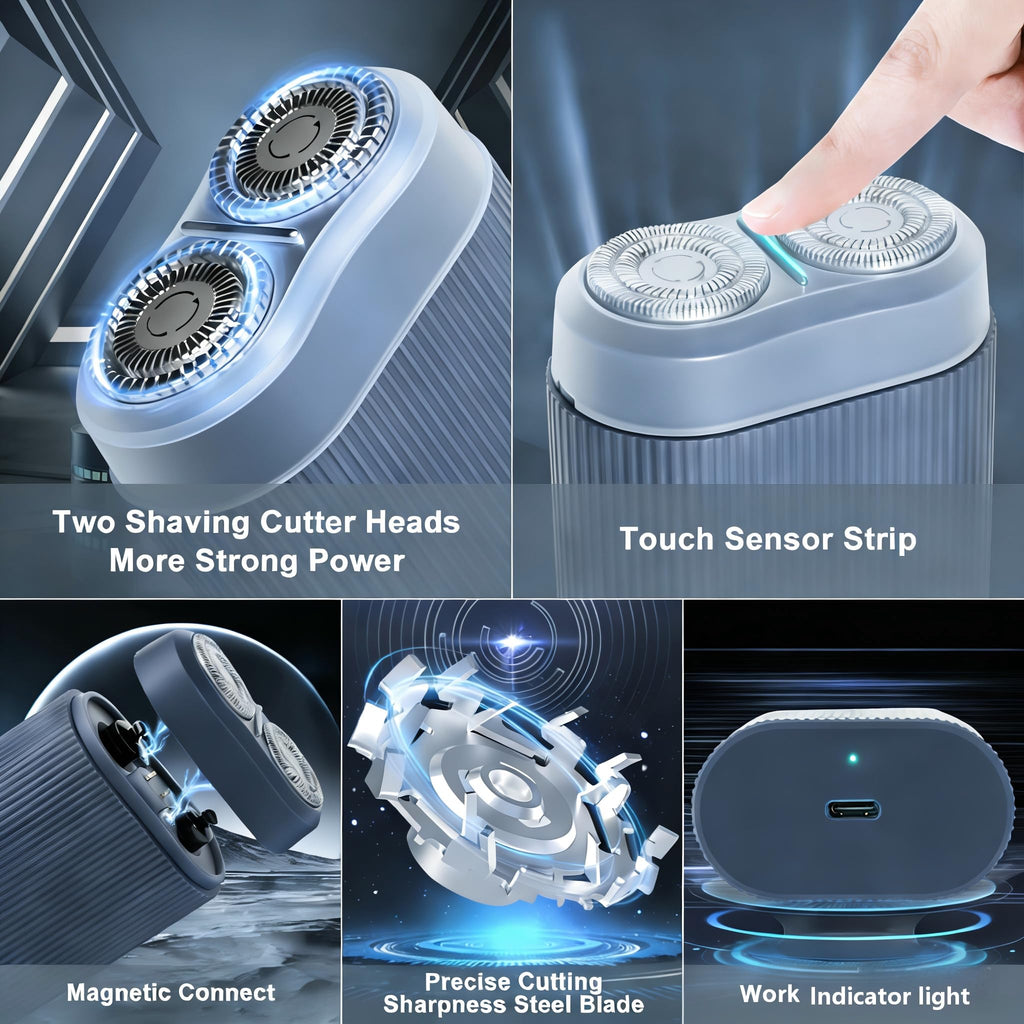 Dual Head Electric Shaver for Men, Rechargeable USB Portable Razor, Wet & Dry Washable Rotary Shaver, Compact Travel Shaver (Navy Blue)