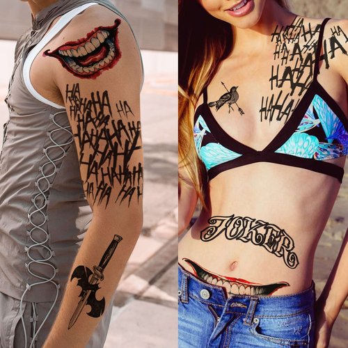 GOROMON 6 Sheets The Joker Temporary Tattoos For Halloween Makeup Kit, Suicide Squad Joker Tattoos Stickers For Women Men Adults, Damaged Tattoo Joker Hand Smile Face Poker Prisoner Costume Skull Set