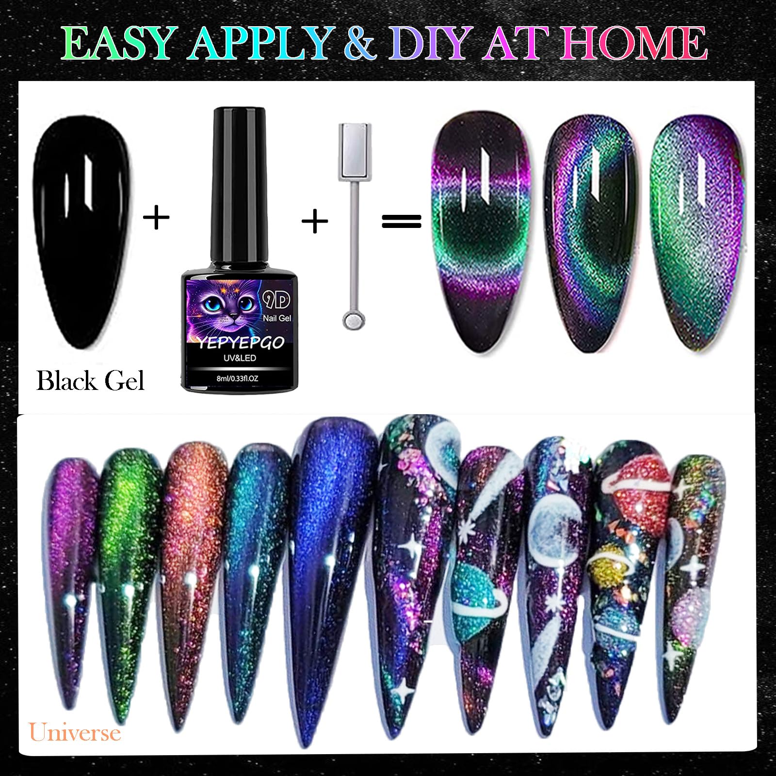 YEPYEPGO 9D Cat Eye Gel Nail Polish Set 8 Colors, Cat Eye Gel Polish with Magnet, Magnetic Cateye Chameleon Galaxy Effects Professional Use for Salon
