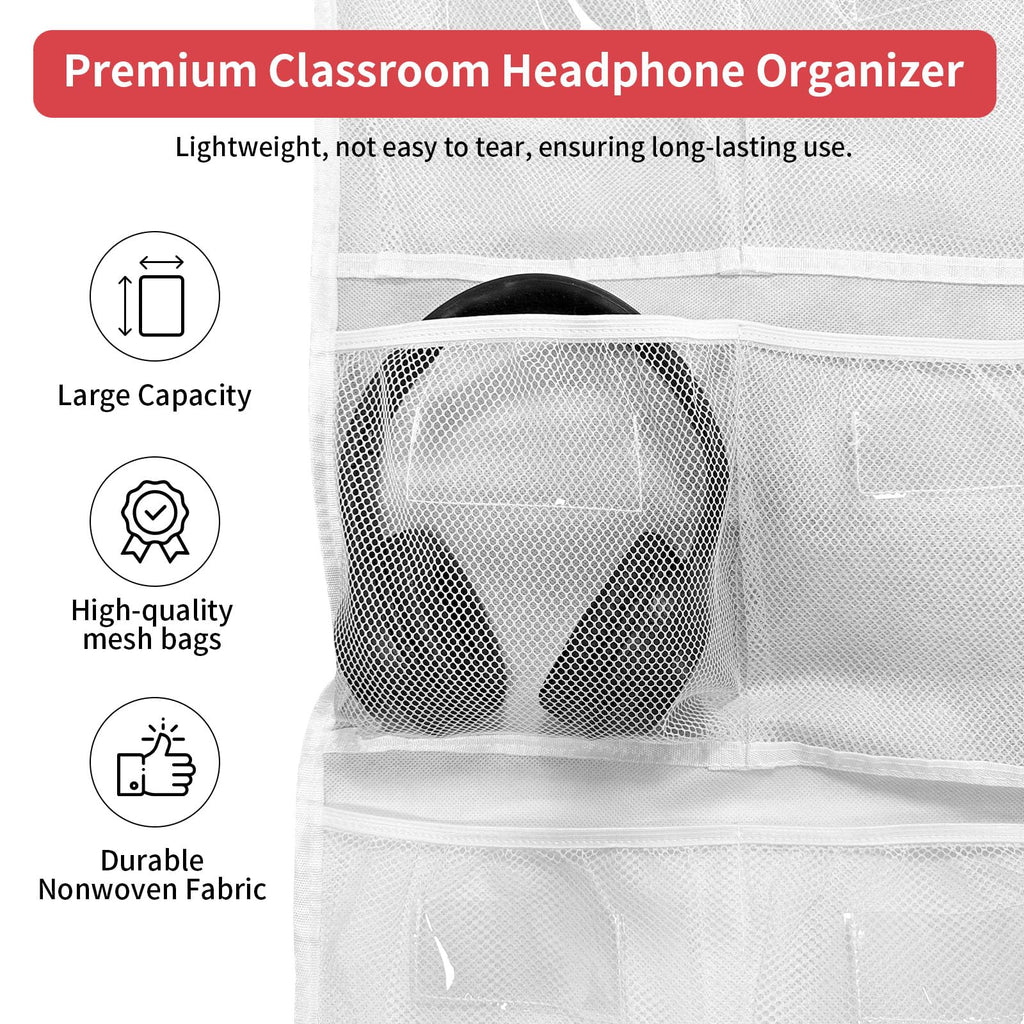 BOHEMIABY 2 Pcs Headphone Storage Classroom with 30 Durable Polyester Mesh Pockets, Door Hanging Headphone Holder for Classroom Library, Headphone Organizer with 122 Reusable Card & 6 Hooks