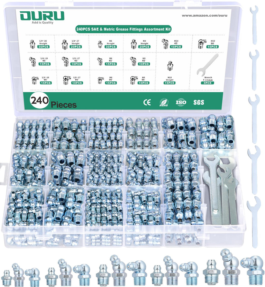 OURU Grease Fittings Assortment, 240PCS SAE & Metric Zerk Grease Fittings NPT 1/4" 1/8" M6 M8 M10, Straight 45 90 Degree Grease Nipple with Wrench Kit(7-11mm) for Grease Gun